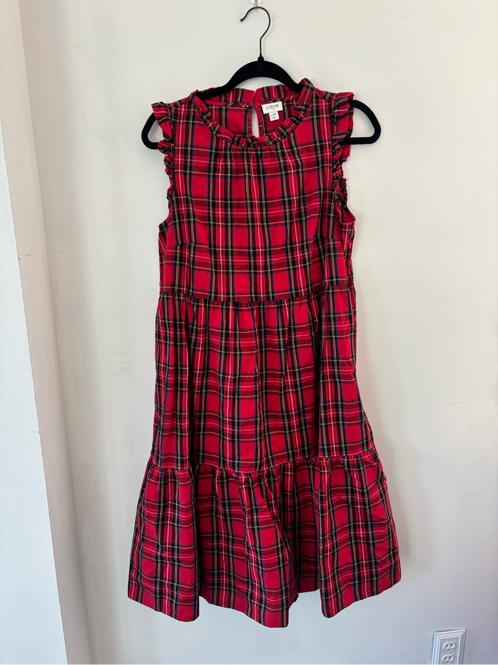 J. Crew 12P Tartan Red Plaid Ruffle Sleeve Midi Dress